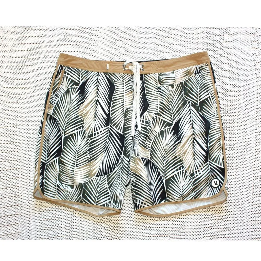 Vuori Men's Board Short Size 38 Brown Trunk casual Palm Leaves print drawstring